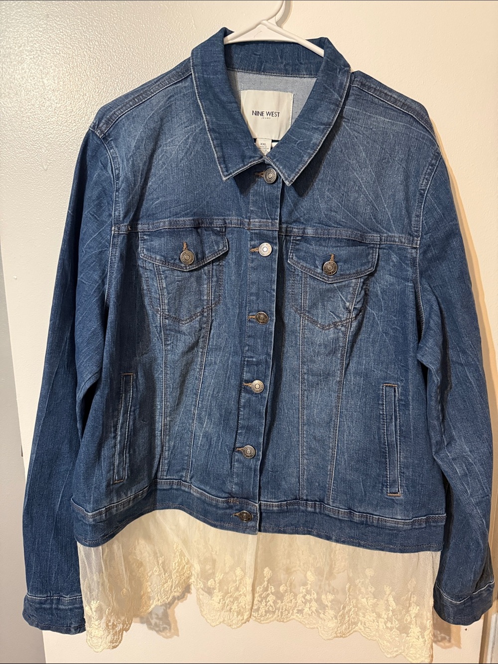 Nine West Dark Blue Denim Jacket with Cream Lace Trim